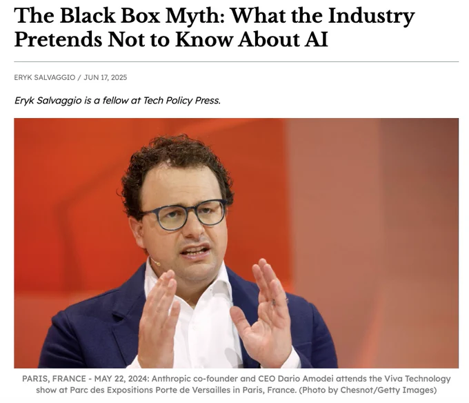 "The Black Box Myth: What the Industry Pretends Not to Know About AI
"

Eryk Salvaggio is a fellow at Tech Policy Press.

P ARIS, FRANCE - MAY 22, 2024: Anthropic co-founder and CEO Dario Amodei attends the Viva Technology show at Parc des Expositions Porte de Versailles in Paris, France. (Photo by Chesnot/Getty Images)