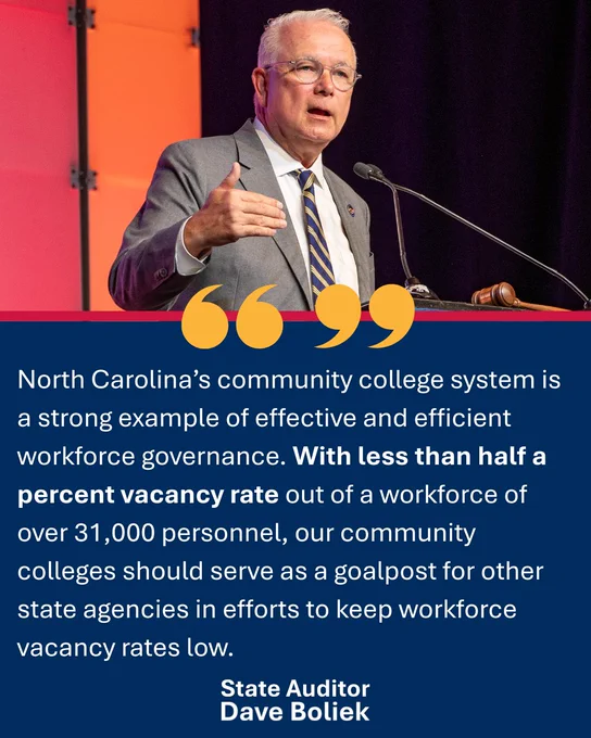 A person speaking at a podium with a microphone, in front of a red and black backdrop. Text on image mentions: "North Carolina's community college system is a strong example of effective and efficient workforce governance..." and includes the name "State Auditor Dave Boliek."
