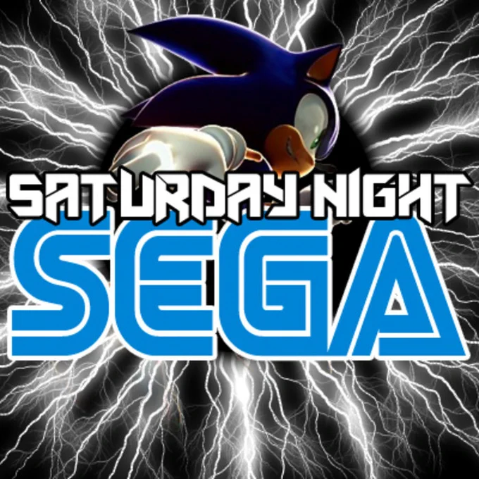 SEGA characters (from bottom then clockwise) Sonic, NiGHTS, Beat, Amigo, Axel, Ulala and AiAi together in front of multiple start screens from SEGA games. The 'Saturday Night SEGA' logo is positioned next to them.