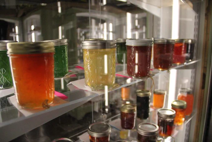Jams and jellies inside a glass display case at the N.C. State Fair. 