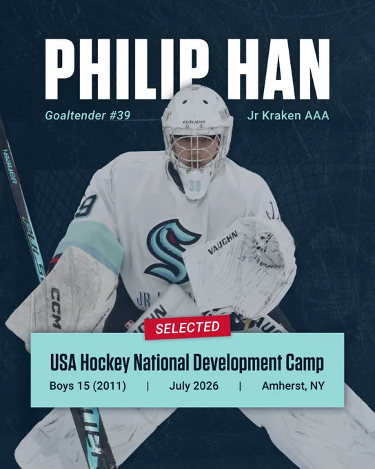 Graphic featuring Jr Kraken AAA goaltender, Philip Han, defending a net in full hockey gear and a white Jr Kraken jersey. Text describes he has been selected to USA Hockey National Development Camp for Boys ages 15 (2011), taking place in July 2026 in Amherst, NY.