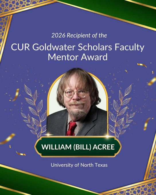 Text says Dr. Acre is the 2026 CUR Goldwater Scholars Faculty Award winner with a photo of Dr. Acree