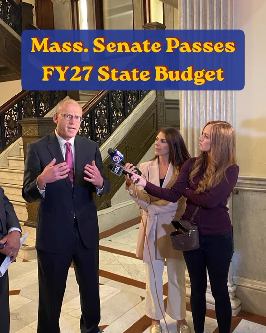 Photo of Senator Lewis speaking with the press about the budget with the text, “Mass. Senate Passes FY27 State Budget.”
