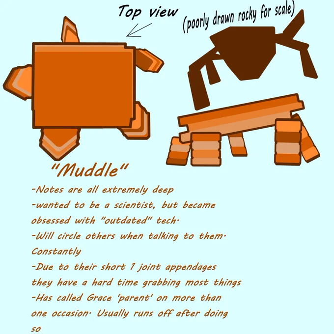Muddle is an Eridian with a odd plate looking structure, with their main body being made of 3 yellowish square plates, none of which are lined up.