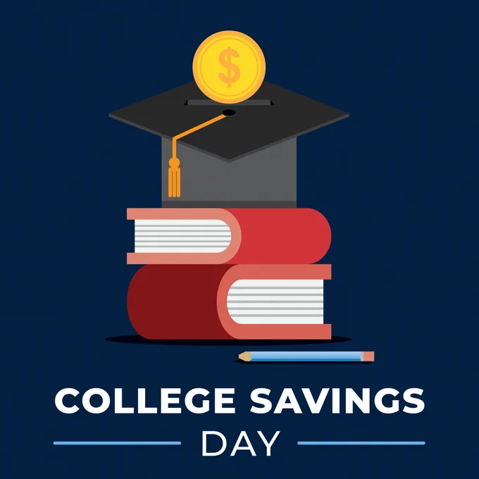 books and graduation cap with text: College Savings Day