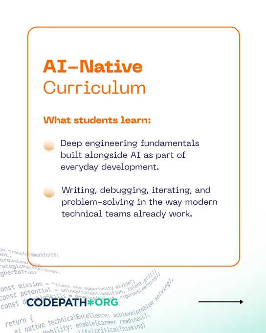 Promotional graphic for "AI-Native Curriculum" by CodePath.org. Includes text: "What students learn: Deep engineering fundamentals built alongside AI as part of everyday development. Writing, debugging, iterating, and problem-solving in the way modern technical teams already work." Background features a subtle code snippet design.