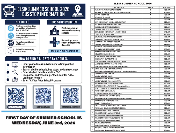 📢 Summer School Transportation Info This informational flyer helps students and parents easily locate summer school bus details. It includes three QR codes to:  🚍 Find bus stops based on your home address 🕒 View bus stop locations and pickup/drop-off times 📝 Register for summer school  Scan the codes to quickly access everything you need to get started!