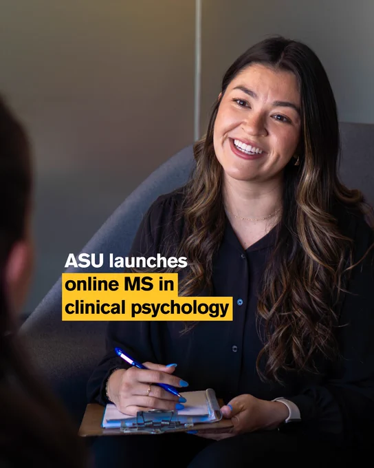 Woman in a therapy setting with text announcing ASU’s new online MS in clinical psychology.