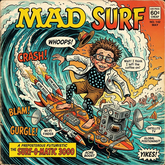 MAD SURF apresenta a revolucionária “Surf-O-Matic 3000” 🤪🌊

Prancha equipada com foguetes, GPS, Wi-Fi Finder, cafeteira e até antena de satélite… tudo parecia perfeito até o “WHOOPS!” no meio do tubo.

Surf, caos e tecnologia em uma mistura digna das clássicas capas da revista MAD.

#Surf #MadSurf #SurfArt #SurfHumor #SurfReport #RetroComic #WaveCulture