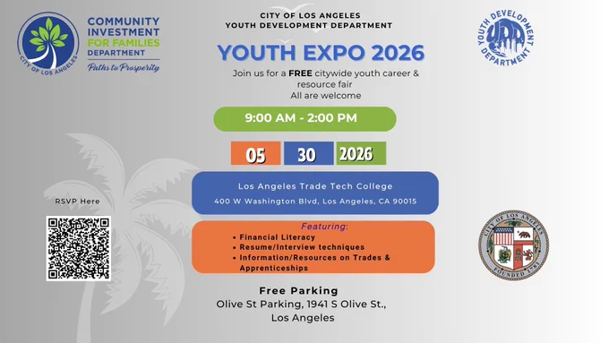 Flyer for Youth Expo 2026 hosted by the City of Los Angeles Youth Development Department, promoting a free citywide youth career and resource fair on May 30, 2026, from 9:00 AM to 2:00 PM at Los Angeles Trade Tech College.