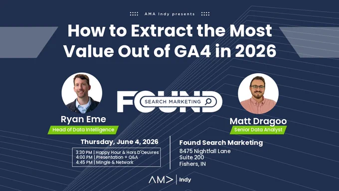 AMA Indy event graphic promoting a combined Happy Hour and Keynote event on Thursday, June 4 from 3:30–5:30 PM at Found Search Marketing HQ in Fishers, Indiana. Featured keynote: “How to Extract the Most Value Out of Google Analytics 4 in 2026” with Ryan Eme and Matt Dragoo. Graphic highlights drinks, hors d'oeuvres, free parking, and registration information for marketers, analysts, and digital professionals interested in GA4 and marketing analytics.