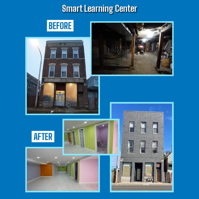 Collage showcasing the renovation of a building titled "Smart Learning Center." The top half labeled "Before" shows an unrenovated exterior and a cluttered interior. The bottom half labeled "After" displays a modernized building exterior and vibrantly painted interior rooms.