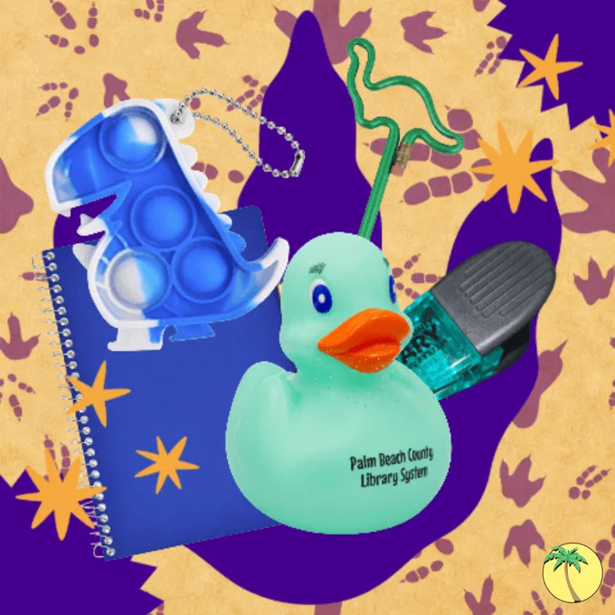 Basic participation prizes against a dinosaur-themed background, with a giant dinosaur print in the center. Prize options include a rubber duck, a fidget spinner, a Dino pop keychain, a Dino pencil, a fidget spinner, a chip clip and a notebook.