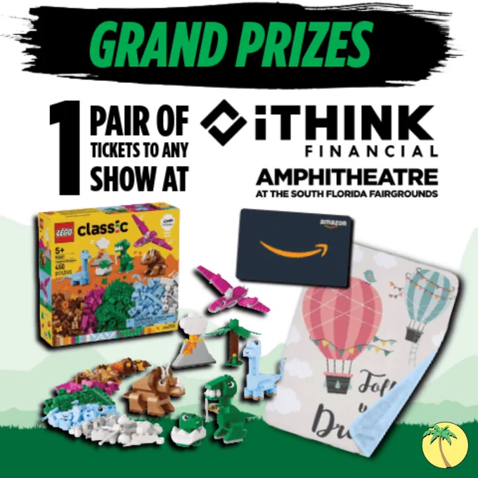 Grand prizes against a jungle-themed background. Grand prizes options include a blanket, a LEGO dinosaur set, an Amazon gift card and a pair of tickets to a show at the iThink Financial Amphitheater.