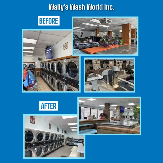 The image shows a promotional poster for Wally's Wash World Inc., featuring 'before' and 'after' pictures of a laundromat's interior. The 'before' images depict outdated washing machines and disorganized spaces. The 'after' images reveal a modernized, clean, and organized laundromat with updated machines and bright decor.