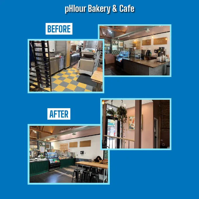 This image shows a before and after transformation of pHlour Bakery & Cafe. The "before" photos depict a kitchen area with yellow-checkered flooring and a counter area with bakery items. The "after" photos reveal a more open and inviting space, featuring a modernized counter with a green base, seating area with wooden tables, and decorative plants.