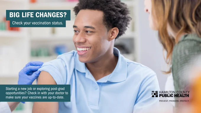 A smiling young man receives a vaccination while sitting in a clinic. Text on the image encourages people experiencing big life changes, such as starting a new job or post-grad opportunities, to check their vaccination status. The image includes the logo for Hamilton County Public Health.