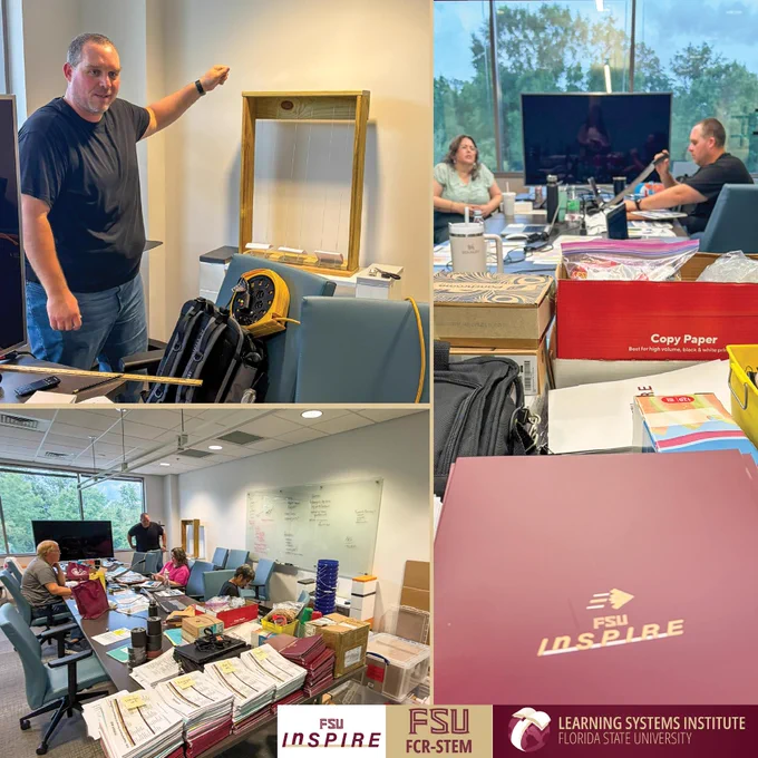 This graphic is a collage with three parts. The first shows a person standing in an office pointing at a  frame. The second features several people in a meeting room around a table with a large monitor in the background. The third displays stacks of boxes and papers on tables. There are logos are at the bottom for FSU Inspire, FCR-STEM, and Learning Systems Institute.