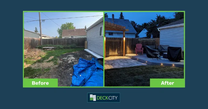Small backyard transformed into a modern outdoor space with a deck, patio, pergola, and fresh sod for low-maintenance living.