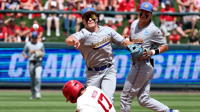 South Dakota State shortstop Keagen Jirschele throws the baseball to first base to complete a 6-3 double play in the first inning of the Jackrabbits NCAA Regional opener against Nebraska on May 29, 2026, at Hawks Field in Lincoln, Nebraska.