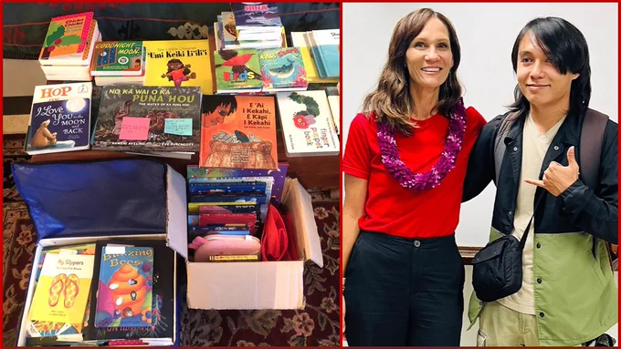 On table at left, children’s books that UH Hilo English students reviewed and ranked for Tūtū and Me book drive. At right is Tūtū and Me Project Director Amanda Ishigo (in red) and UH Hilo English student Saja Gi DeMello-Lee who is a former preschooler from the Tūtū and Me Traveling Preschool and part of the book drive project, at a speaking event held on the UH Hilo campus, May 5, 2026. (Courtesy photo)