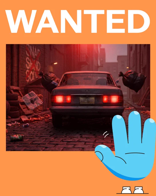 A wanted poster featuring a car parked in a dimly lit alleyway. The scene is moody and suggests mystery or crime-themed content.