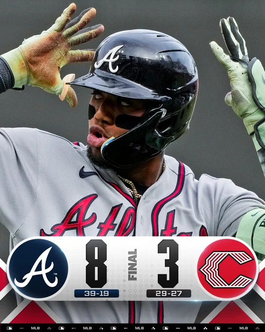 Final score: Atlanta Braves 8, Cincinnati Reds 3
Team records: Braves 39-19, Reds 29-27
Pictured: Ronald Acuña Jr. rounds the bases after hitting a leadoff home run Friday night at Great American Ball Park