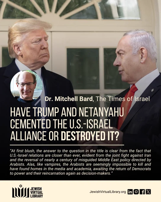 A photo of Donald Trump and Benjamin Netanyahu. Text reads "Have Trump and Netanyahu Cemented the U.S.-Israel Alliance or Destroyed It?" with a blurb from the article below. Dr. Mitchell Bard is listed as the author.