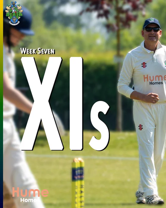 Halstead Cricket Club Week Seven XIs announcement cover card. Two cricketers on a sunny outfield — a batsman in a blue helmet in the foreground (blurred) and a fielder in HCC whites with sunglasses and a blue cap smiling in the background, Hume Homes branding visible on his shirt. Large white text reads "Week Seven XIs". The HCC coat of arms appears top left and the Hume Homes sponsor logo sits bottom left. A green, yellow and navy stripe runs down the left edge.