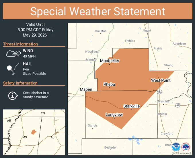 This graphic displays a special weather statement plotted on a map. The statement is in effect until 5:00 PM CDT.  The statement includes Starkville MS, West Point MS and  Maben MS.  A STRONG THUNDERSTORM WILL IMPACT OKTIBBEHA AND CLAY COUNTIES THROUGH 500 PM CDT. The threats associated with this storm are wind gusts up to 40 MPH and pea sized hail. Seek shelter in a sturdy structure until the storm passes.