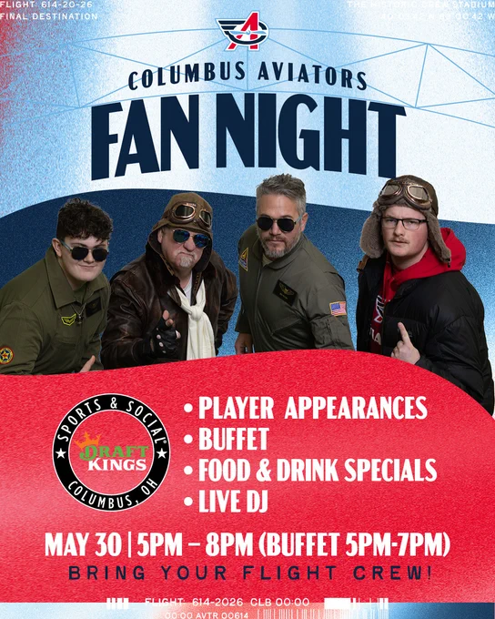 Promotional poster for Columbus Aviators Fan Night on May 30. Features guests in aviator attire and event details including player appearances and a buffet.