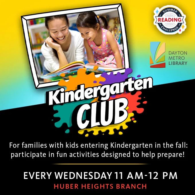 Graphic promoting Kindergarten Club at Dayton Metro Library. A photo shows an adult and a young child reading a book together. Bright yellow and teal background with colorful paint splashes and large text reading “Kindergarten Club.” Additional text: “For families with kids entering kindergarten in the fall… Every Wednesday 11 AM–12 PM, Huber Heights Branch.” Summer Reading Challenge and library logos appear.