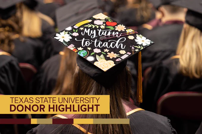 Photo of a student at commencement wearing graduation cap decorated with text reading "my turn to teach"