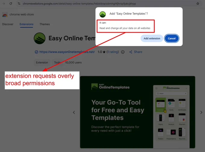The image shows a screenshot of a browser window open to the Chrome Web Store page for "Easy Online Templates." A pop-up prompts to add the extension, stating it can "read and change all your data on all websites." An arrow points to the permissions warning, with text saying "extension requests overly broad permissions."