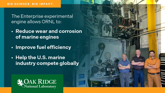 Three ORNL engineers stand in front of the Enterprise experimental engine, text notes its benefits for reducing wear, improving fuel efficiency, and helping the U.S. marine industry compete globally. The Oak Ridge National Laboratory logo is displayed at the bottom.
