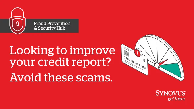 Red graphic featuring "Fraud Prevention & Security Hub" and "Synovus get there" logos. Text reads, "Looking to improve your credit report? Avoid these scams." Includes an image of a credit card and a speedometer-style gauge.