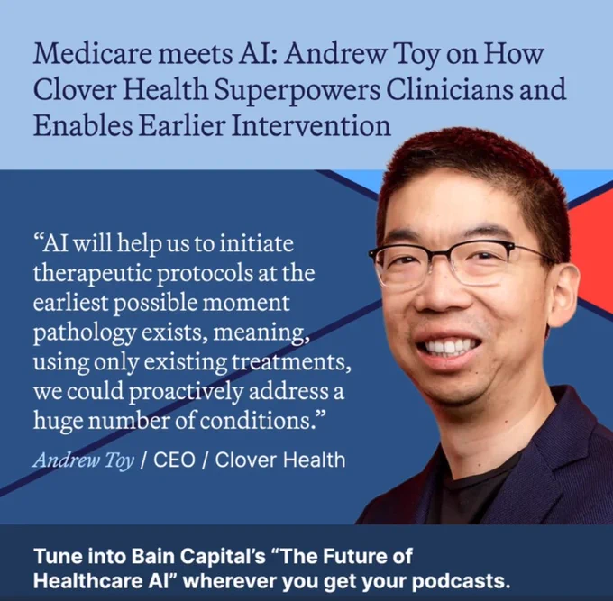An image of and quote from Andrew Toy of Clover Health in discussion with Bain Capital.