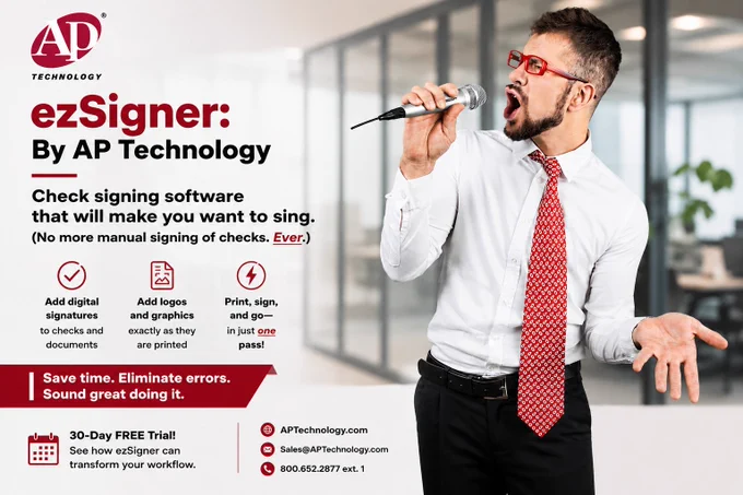 #ezSigner by #APTechnology. Add digital signatures and graphics such as logos to checks and documents, as they are printed, in one pass. No more chasing signatures. Free 30-day trial. #CheckSigningSoftware #DigitalSignature https://www.aptechnology.com/check-signing.html 
