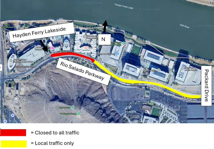 Aerial map of Rio Salado Parkway between Packard Drive and Hayden Ferry Lakeside with graphic overlay detailing traffic impacts outlined in the text of the post.