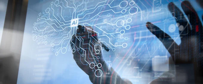 A person is drawing a circuit-like network on a transparent screen with "AI" at the center. The image suggests the integration of human interaction and artificial intelligence technology.