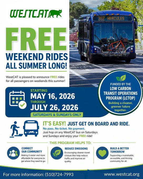 WestCAT free weekend rides all summer long. WestCAT is pleased to announce FREE rides for all passengers on weekends this summer -- through July 26. Just get on board and ride. For more information, call 510-724-7993 or visit west cat dot O R G.