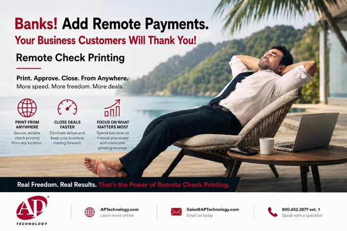 #Banks! #RemoteCheckPrinting means faster deal closes and fewer trips to branches for #business customers. More deposits for you. Advanced workflow automation and Secure32 replacement, too. AP Technology for modernized payment issuance solutions. https://www.aptechnology.com