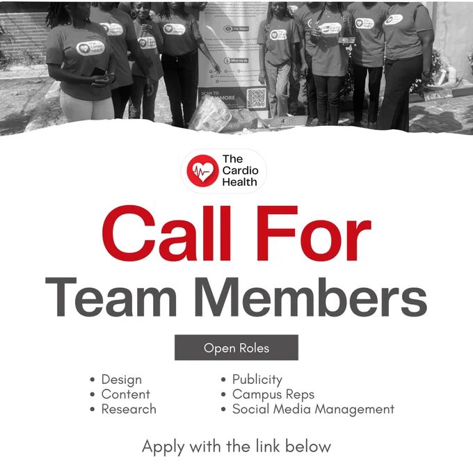 Applications are officially open for new members to join The Cardio Health main team. Over the years, The Cardio Health has grown into more than just a health initiative. It has become a community of passionate young people committed to advocacy, awareness, creativity, leadership, and meaningful impact.

As we continue to grow, we are looking for individuals who are willing to contribute their skills, ideas, passion, and time towards building something that truly matters.

And no, this opportunity is not only for medical or healthcare professionals. Whether you are a student, creative, writer, designer, strategist, communicator, storyteller, or simply someone passionate about impact and community, there is a place for you here.