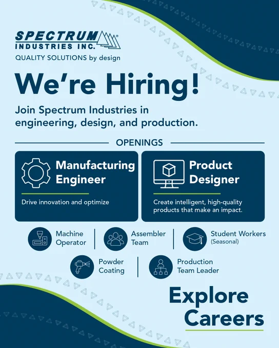 Spectrum Industries Inc. hiring graphic for Chippewa Falls openings, highlighting Manufacturing Engineer and Product Designer roles, with additional openings in machine operation, assembly, powder coating, student work, and production team leadership.
