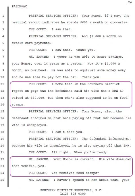Página 24 de la transcripción de la audiencia de instrucción de cargos de Joram Núñez en el Distrito Sur de Nueva York del 8 de octubre de 2025.