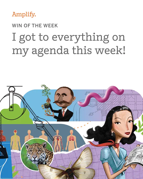 The image features an illustrated collage including a smiling person holding a potted plant, a tiger, a moth, and a person with a pencil. The background includes various scientific and mathematical symbols. The text reads, "Amplify. Win of the Week: I got to everything on my agenda this week!