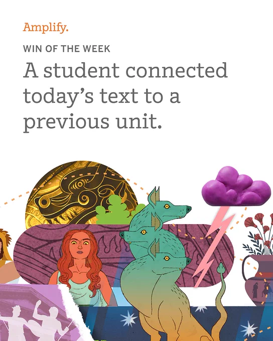 Cover image titled "Win of the Week" from Amplify, featuring an artistic collage. The design includes a person with long hair, three mythical creatures, a pink cloud with lightning, and various other abstract elements.