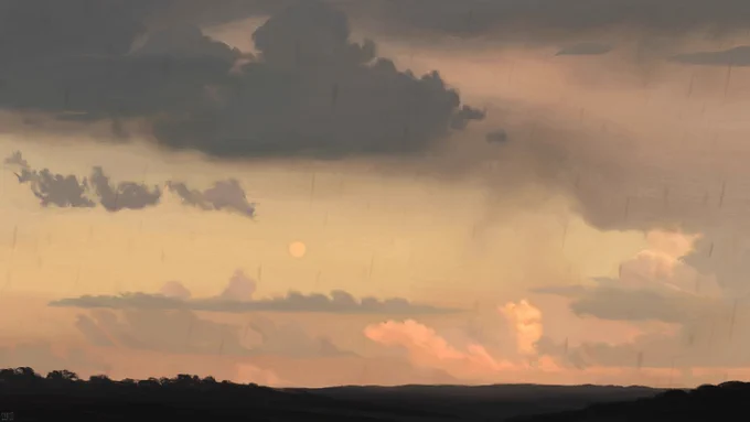 Digital painting of a storm sky: the sky is a pale yellow, murky orange above the horizon. There are clouds of different shades of grey rising into the sky, tinted sunset shades by the light, and darker ones at the top of the frame. Over it all, heavy rain is falling on the dark countryside landscape, and there is a yellow full moon in the clear part of the sky.