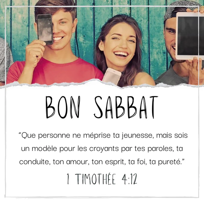 A cheerful group of young adults holding phones, with a religious message. The mood is uplifting and friendly.