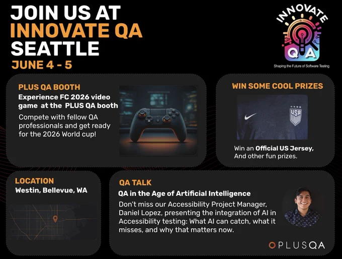 Graphic that reads "Join us at INNOVATE QA Seattle June 4-5" With other details about the location, prizes and more. 
